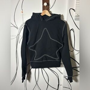 Rare Skarcity Star Pocket Black Hoodie with White Stitching, 100% Cotton Size Sm